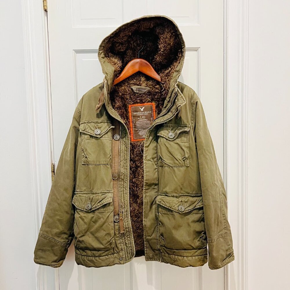 Y2K Green American Eagle Military Parka Winter Coat Mens Small Heavyweight Lined - Picture 10 of 16
